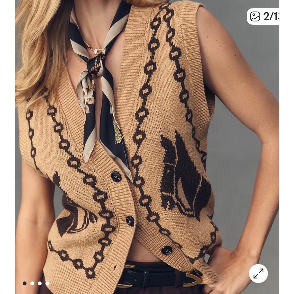 Anthropologie NWT Horse Jacquard Cardigan Vest XS Western Equestrian Boho Chic - Picture 2 of 14